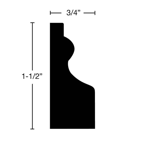 Side View of Door Stop Molding, product number DS-116-024-2-MA - 3/4" x 1-1/2" Maple Door Stop - $2.76/ft sold by American Wood Moldings