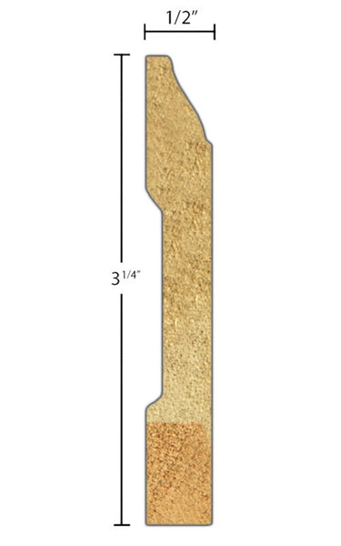 Side View of Base Molding, product number BA-308-016-3-ROV - 1/2" x 3-1/4" Red Oak Veneer Base - $1.32/ft sold by American Wood Moldings