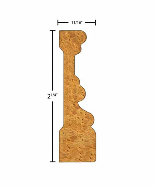 Side View of Casing Molding, product number CA-208-022-4-RO - 11/16" x 2-1/4" Red Oak Casing - $1.92/ft sold by American Wood Moldings