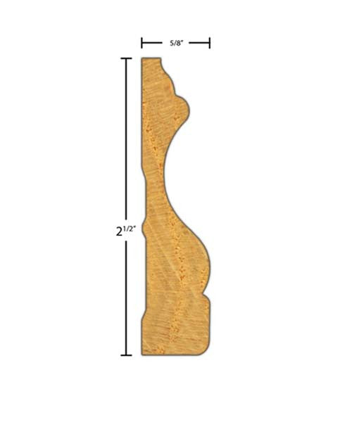 Side View of Casing Molding, product number CA-216-020-2-RO - 5/8" x 2-1/2" Red Oak Casing - $1.92/ft sold by American Wood Moldings