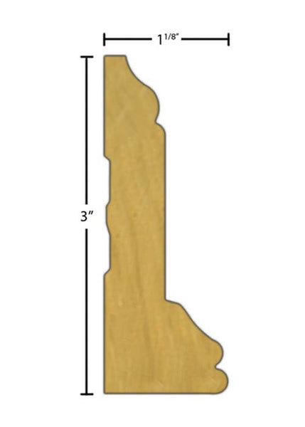 Side View of Casing Molding, product number CA-300-104-1-PO - 1-1/8" x 3" Poplar Casing - $2.80/ft sold by American Wood Moldings