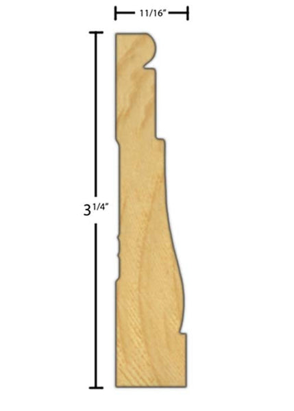 Side View of Casing Molding, product number CA-308-022-1-PF - 11/16" x 3-1/4" Primed Finger Joint Casing - $0.90/ft sold by American Wood Moldings