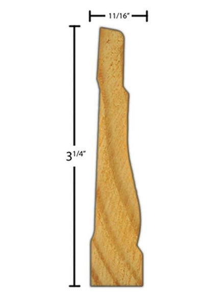 Side View of Casing Molding, product number CA-308-022-3-FPI - 11/16" x 3-1/4" Finger Joint Pine Casing - $0.72/ft sold by American Wood Moldings