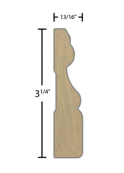 Side View of Casing Molding, product number CA-308-026-1-PO - 13/16" x 3-1/4" Poplar Casing - $1.52/ft sold by American Wood Moldings