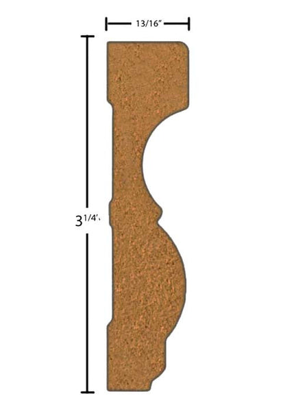Side View of Casing Molding, product number CA-308-026-2-MA - 13/16" x 3-1/4" Maple Casing - $3.24/ft sold by American Wood Moldings