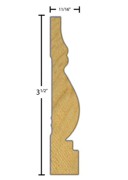 Side View of Casing Molding, product number CA-316-022-4-PF - 11/16" x 3-1/2" Primed Finger Joint Casing - $1.25/ft sold by American Wood Moldings