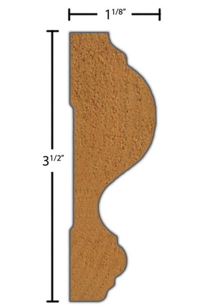 Side View of Chair Rail Molding, product number CH-316-104-1-PO - 1-1/8" x 3-1/2" Poplar Chair Rail - $2.40/ft sold by American Wood Moldings