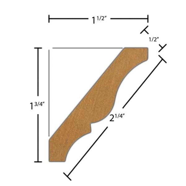 Side View of Crown Molding, product number CR-208-016-1-RO - 1/2" x 2-1/4" Red Oak Crown - $2.36/ft sold by American Wood Moldings