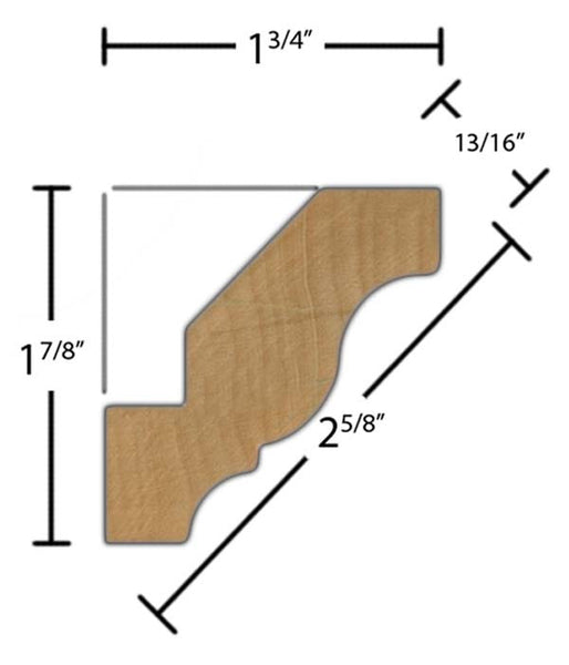Side View of Crown Molding, product number CR-220-026-1-MA - 13/16" x 2-5/8" Maple Crown - $3.36/ft sold by American Wood Moldings
