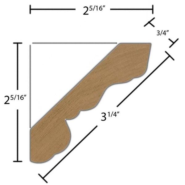Side View of Crown Molding, product number CR-308-024-1-HMH - 3/4" x 3-1/4" Honduras Mahogany Crown - $6.12/ft sold by American Wood Moldings
