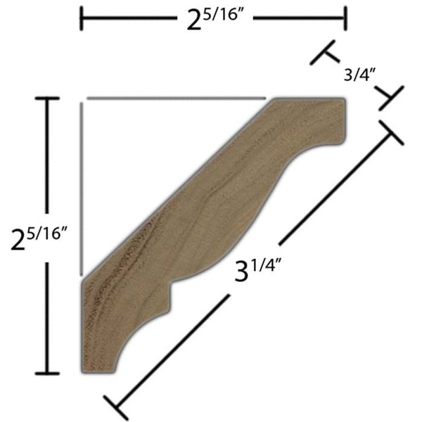 Side View of Crown Molding, product number CR-308-024-2-AS - 3/4" x 3-1/4" Ash Crown - $2.24/ft sold by American Wood Moldings