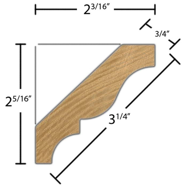 Side View of Crown Molding, product number CR-308-024-4-AS - 3/4" x 3-1/4" Ash Crown - $2.76/ft sold by American Wood Moldings
