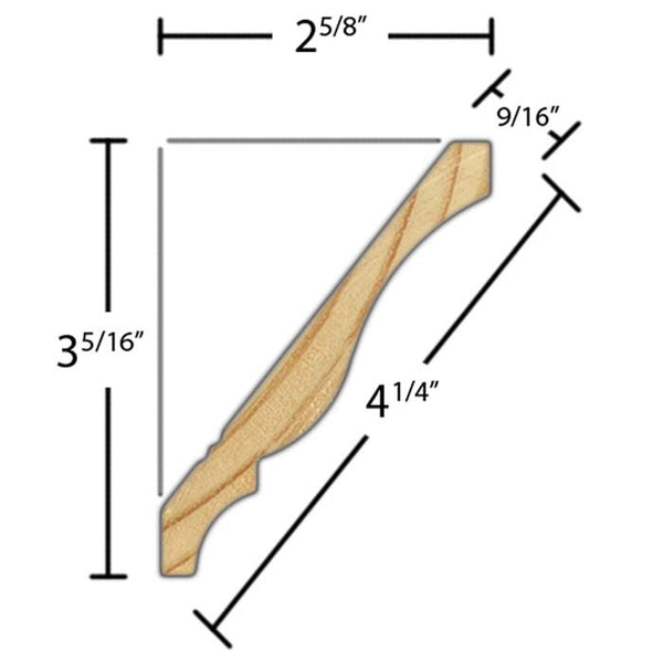 Side View of Crown Molding, product number CR-408-018-1-CP - 9/16" x 4-1/4" Clear Pine Crown - $2.04/ft sold by American Wood Moldings