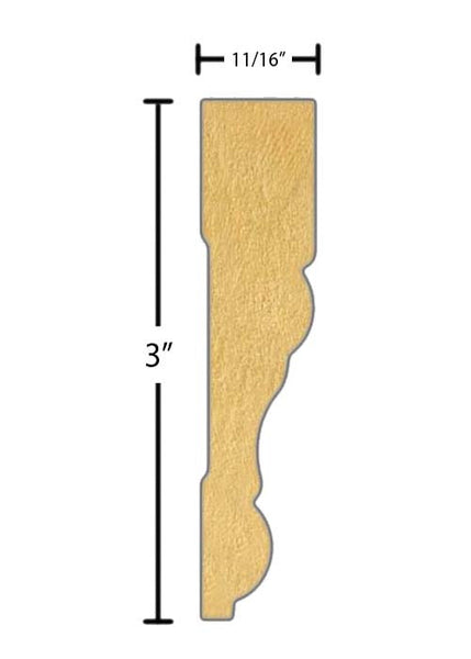 Side View of Flexible Casing Molding, product number CA-300-022-2-FL - 11/16" x 3" Smooth Urethane Flexible Casing - $9.48/ft sold by American Wood Moldings