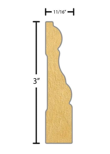 Side View of Casing Molding, product number CA-300-022-2-PM - 11/16" x 3" Primed MDF Casing - $0.79/ft sold by American Wood Moldings